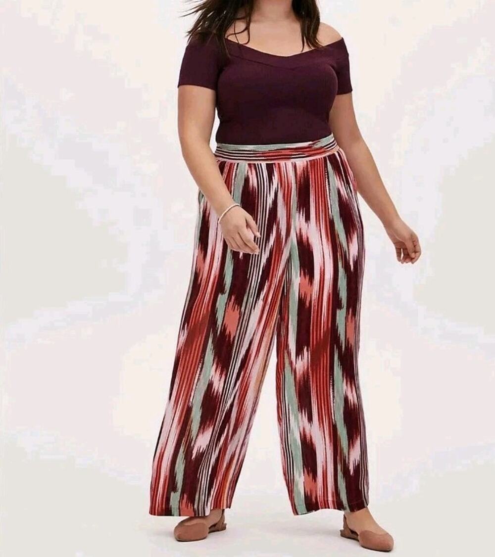 Torrid Wide Leg Crinkle Gauze High Rise Pull On Pants sz 2- 2X Multi Ikat Stripe